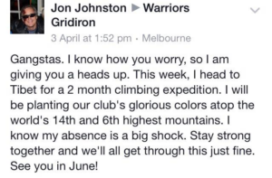 Jon Johnston's final message to his Teammates and Coaches